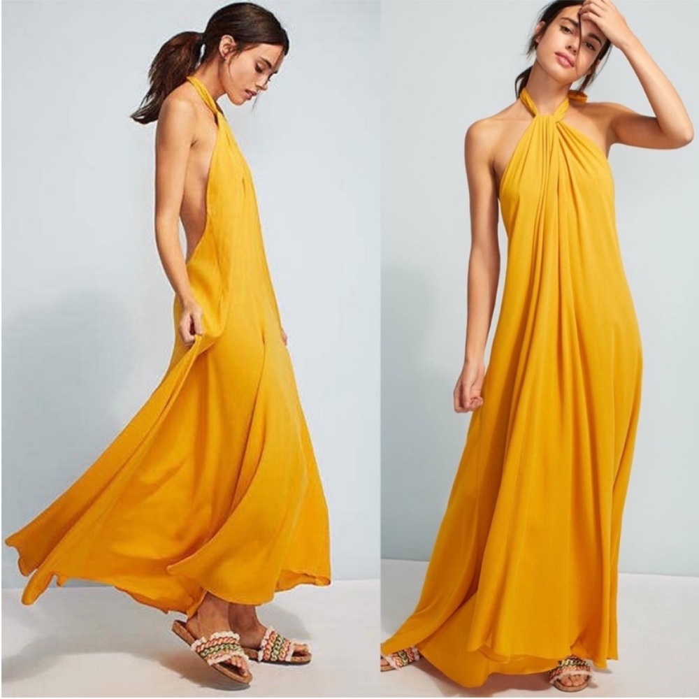 *SOLD* Mara Hoffman Lucille Maxi Dress Swim Cover-Up Sunflower Yellow Halter Tie - Picture 5 of 13